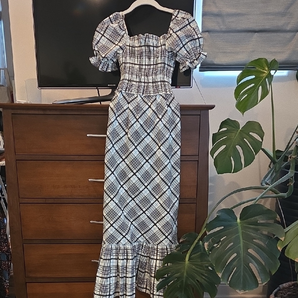 Topshop Black and White Plaid Dress With Smocking